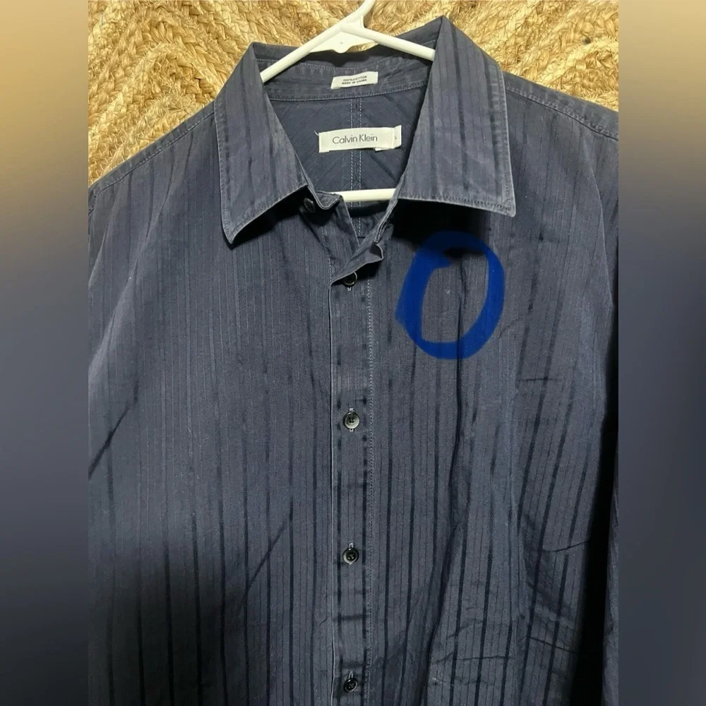 Calvin Klein Men's Dark Blue Striped Button Down Dress Shirt,Size L